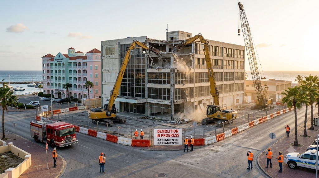 Construction Equipment Hits Renaissance Building During Aruba Demolition Work